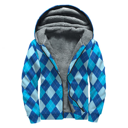 Classic Blue Argyle Pattern Print Sherpa Lined Zip Up Hoodie