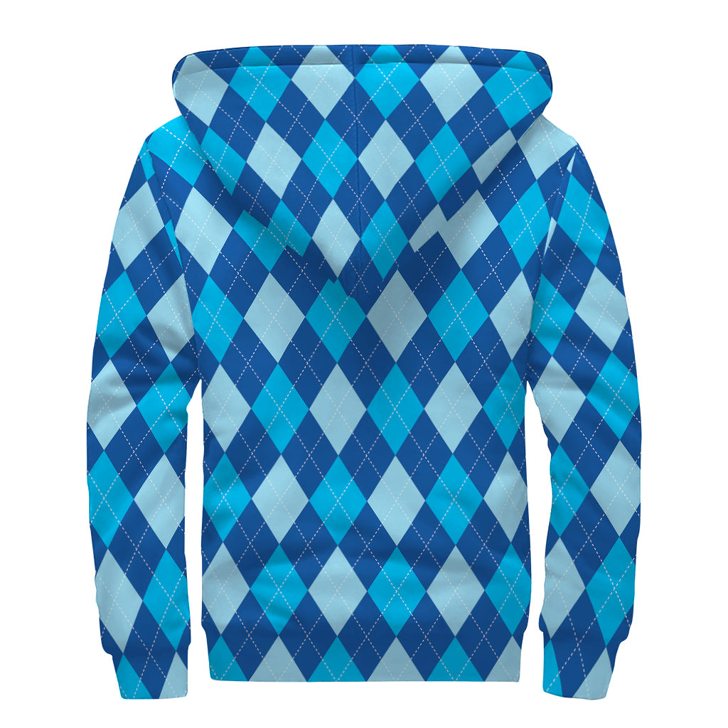 Classic Blue Argyle Pattern Print Sherpa Lined Zip Up Hoodie