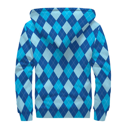 Classic Blue Argyle Pattern Print Sherpa Lined Zip Up Hoodie