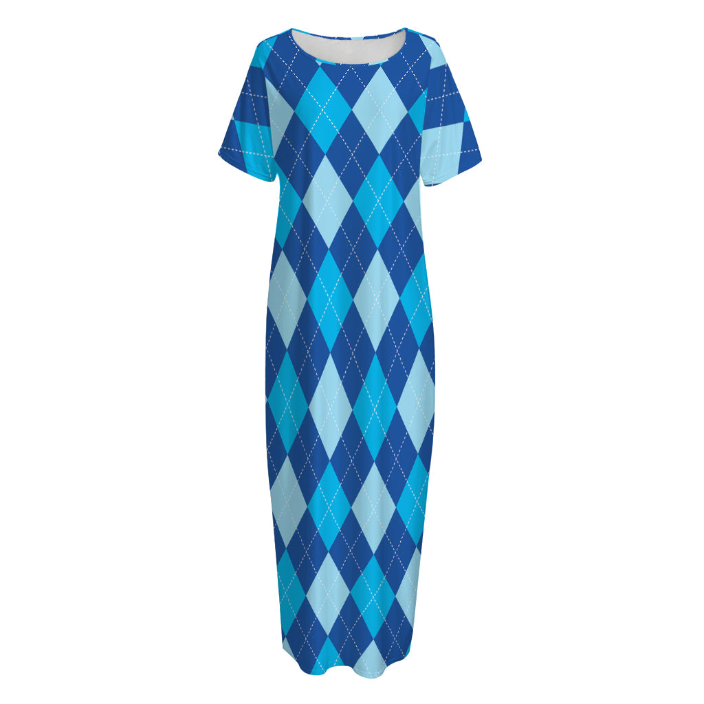 Classic Blue Argyle Pattern Print Short Sleeve Long Nightdress