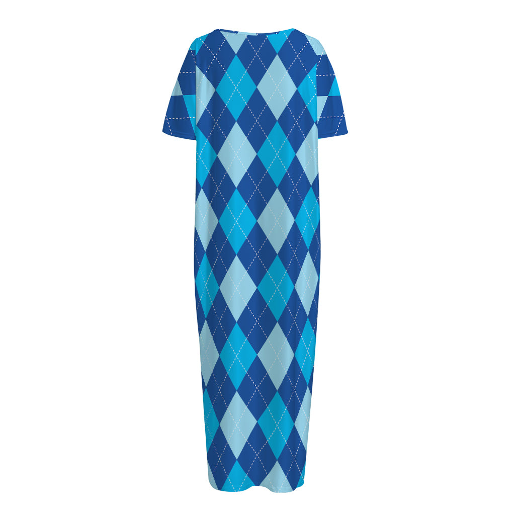 Classic Blue Argyle Pattern Print Short Sleeve Long Nightdress