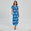 Classic Blue Argyle Pattern Print Short Sleeve Maxi Dress