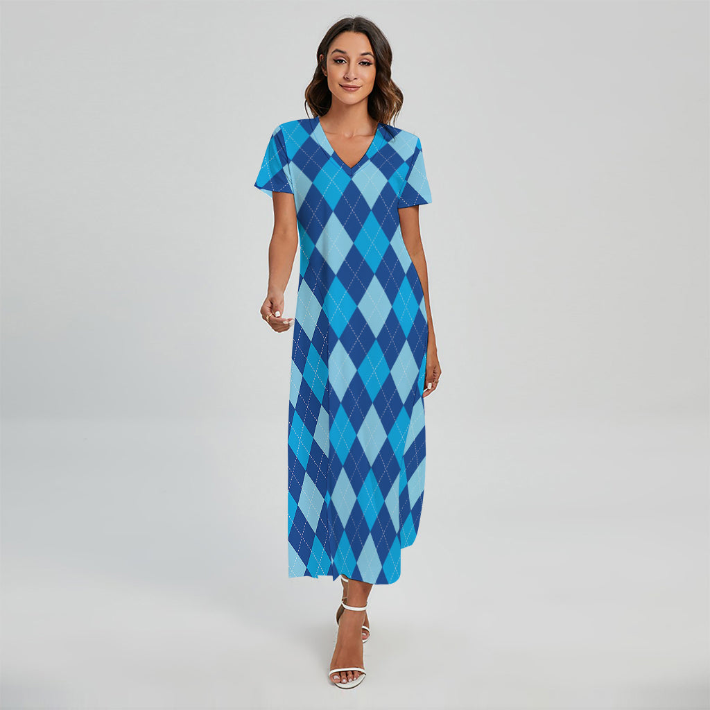 Classic Blue Argyle Pattern Print Short Sleeve Maxi Dress