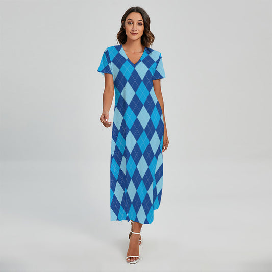 Classic Blue Argyle Pattern Print Short Sleeve Maxi Dress