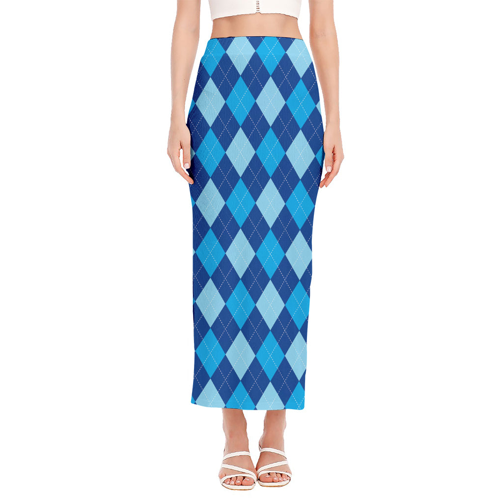 Classic Blue Argyle Pattern Print Side Slit Maxi Skirt