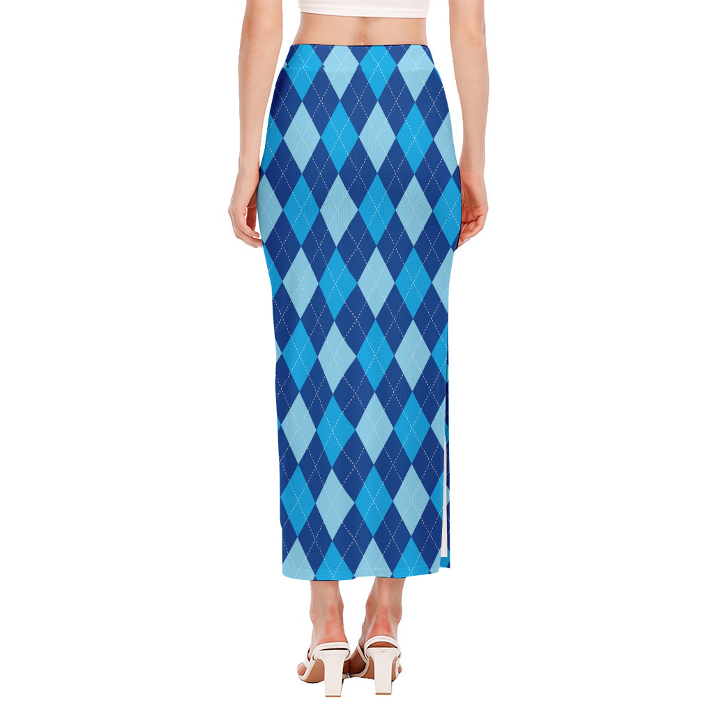 Classic Blue Argyle Pattern Print Side Slit Maxi Skirt