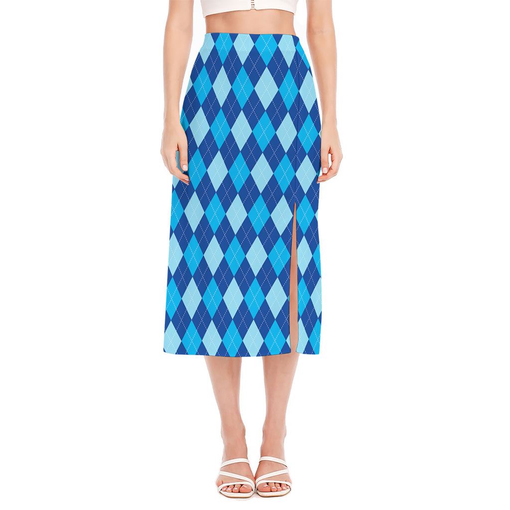 Classic Blue Argyle Pattern Print Side Slit Midi Skirt