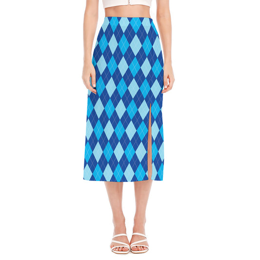 Classic Blue Argyle Pattern Print Side Slit Midi Skirt