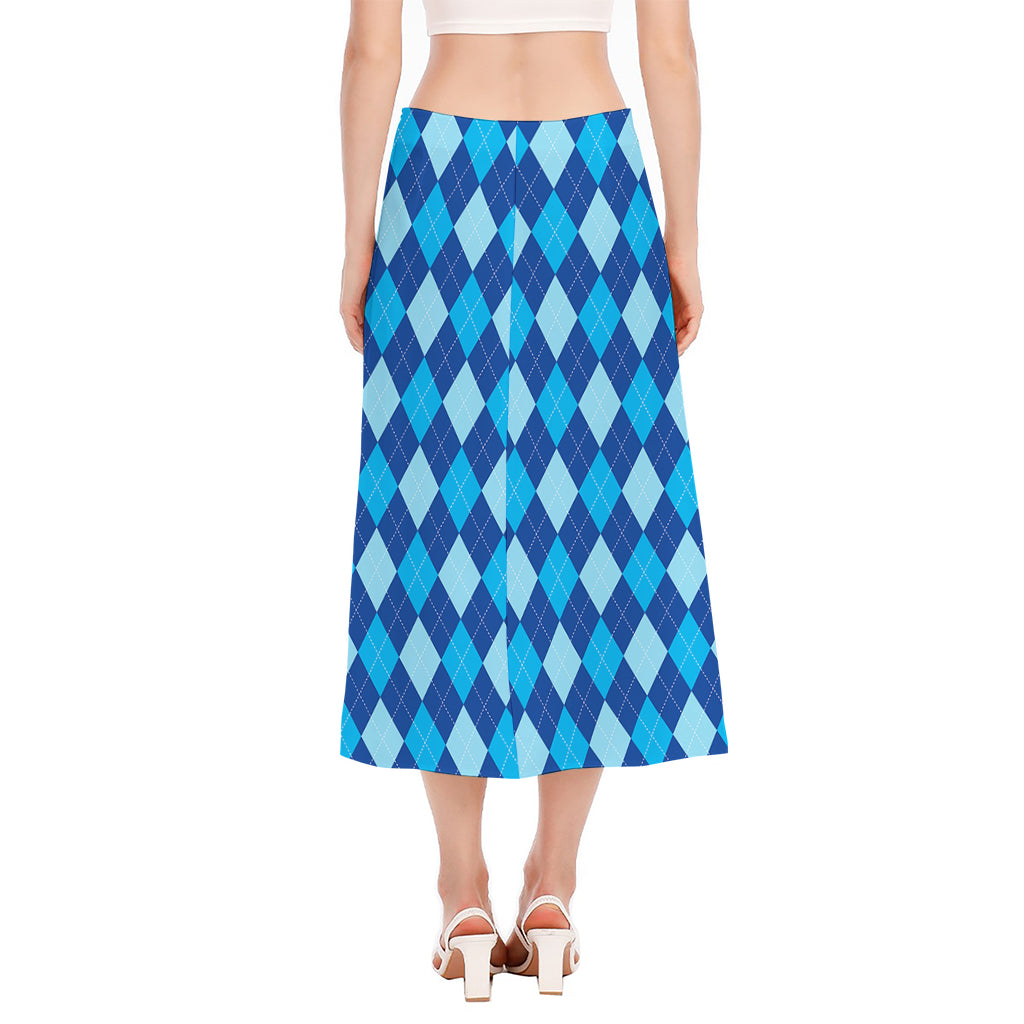 Classic Blue Argyle Pattern Print Side Slit Midi Skirt