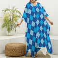 Classic Blue Argyle Pattern Print Silk V-Neck Kaftan Dress