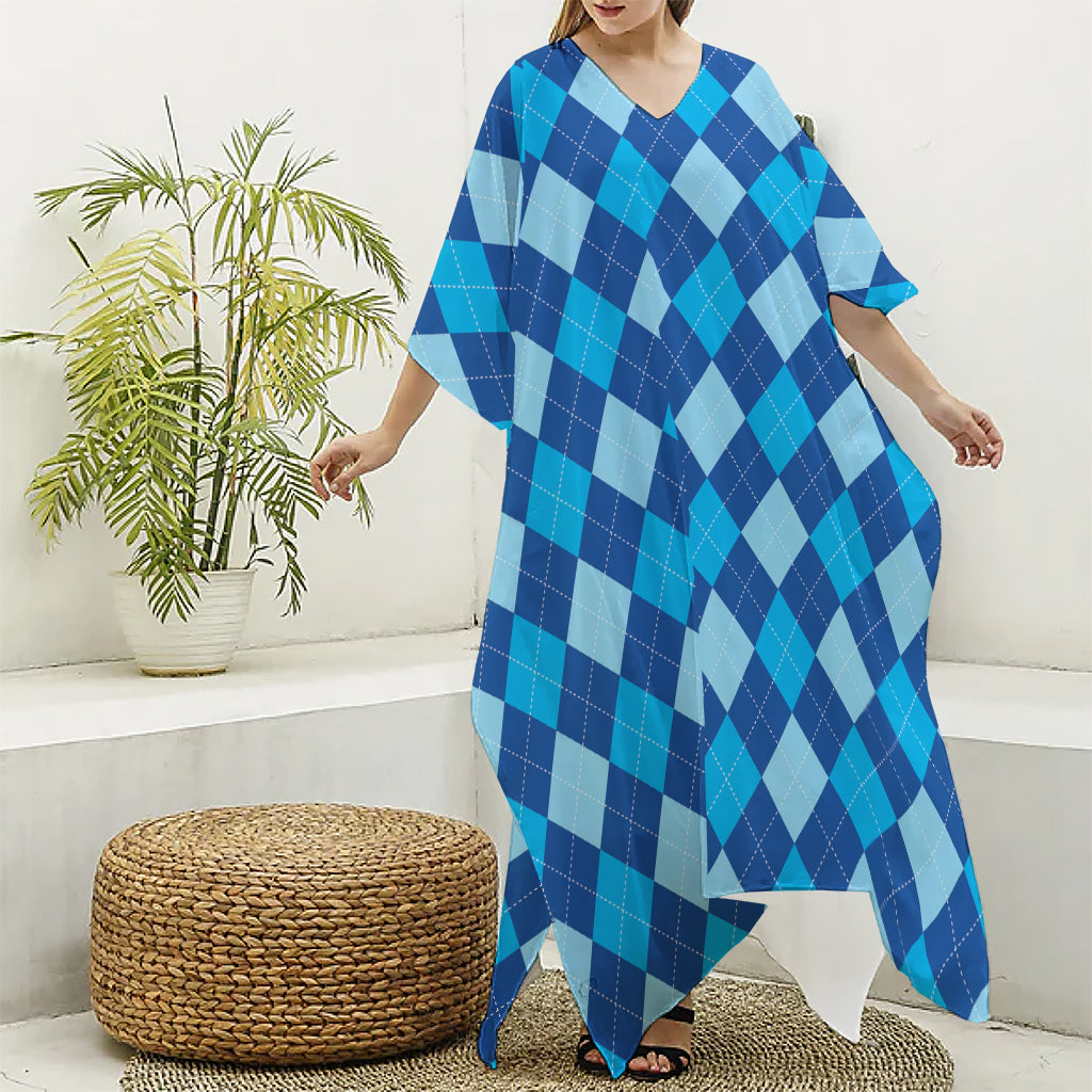 Classic Blue Argyle Pattern Print Silk V-Neck Kaftan Dress