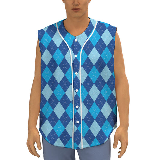 Classic Blue Argyle Pattern Print Sleeveless Baseball Jersey