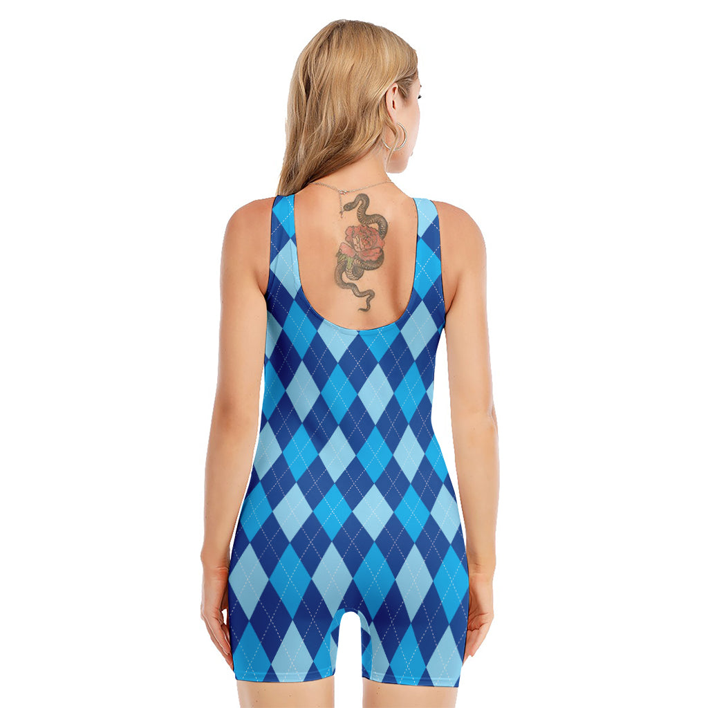 Classic Blue Argyle Pattern Print Sleeveless One Piece Swimsuit