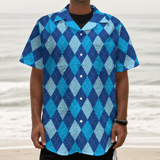 Classic Blue Argyle Pattern Print Textured Short Sleeve Shirt