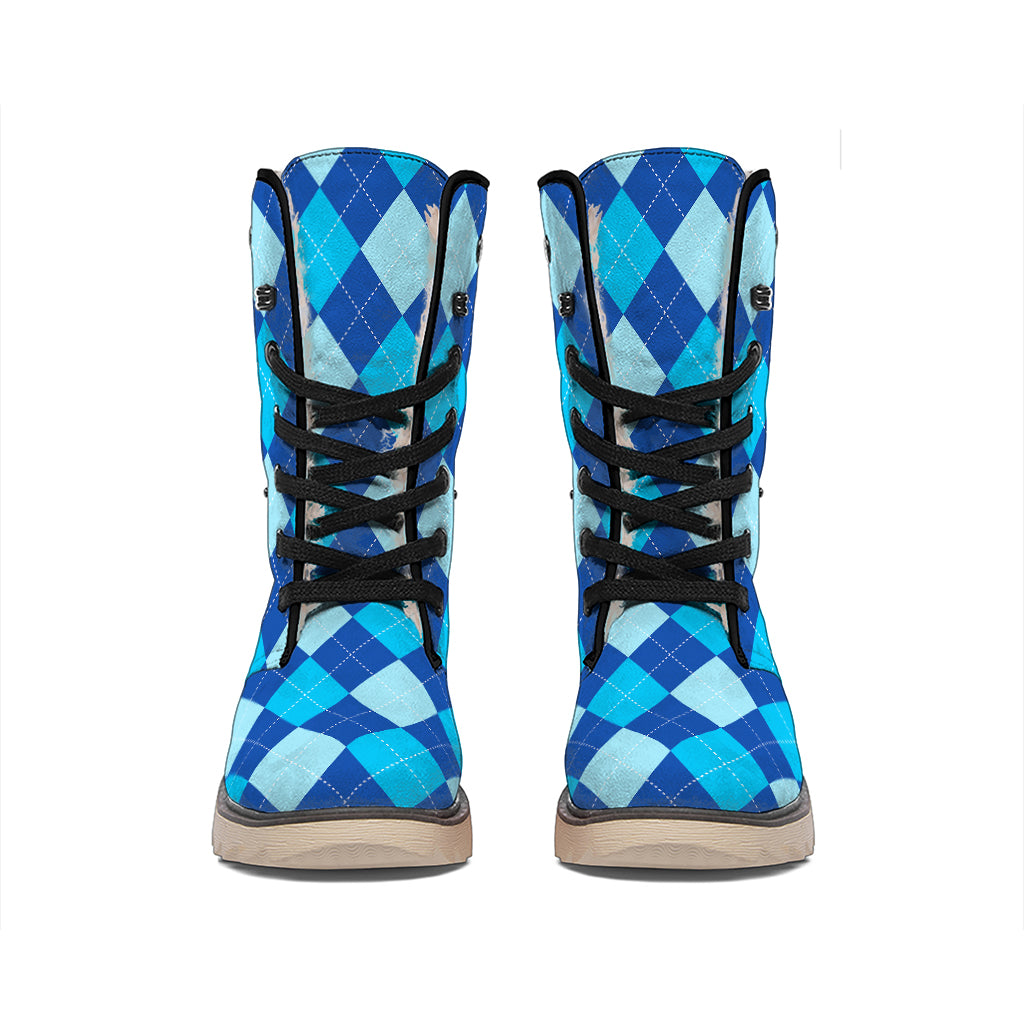 Classic Blue Argyle Pattern Print Winter Boots