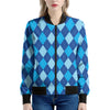 Classic Blue Argyle Pattern Print Women's Bomber Jacket