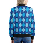 Classic Blue Argyle Pattern Print Women's Bomber Jacket