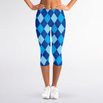 Classic Blue Argyle Pattern Print Women's Capri Leggings