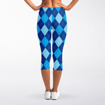 Classic Blue Argyle Pattern Print Women's Capri Leggings