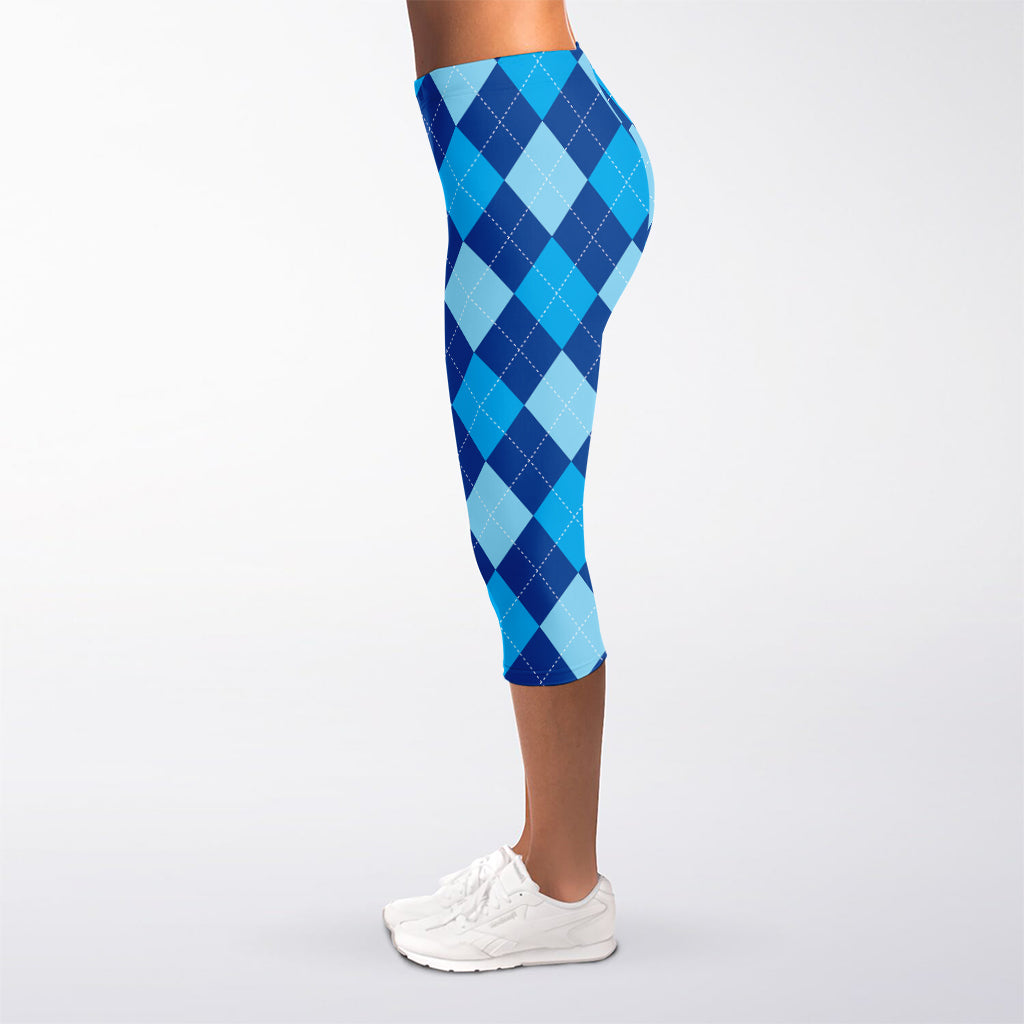 Classic Blue Argyle Pattern Print Women's Capri Leggings