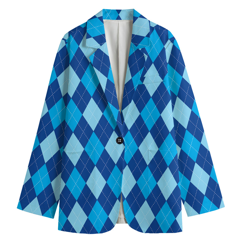 Classic Blue Argyle Pattern Print Women's Cotton Blazer