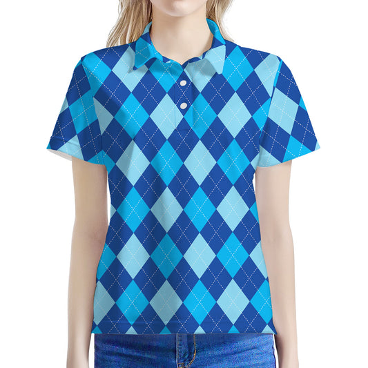 Classic Blue Argyle Pattern Print Women's Polo Shirt