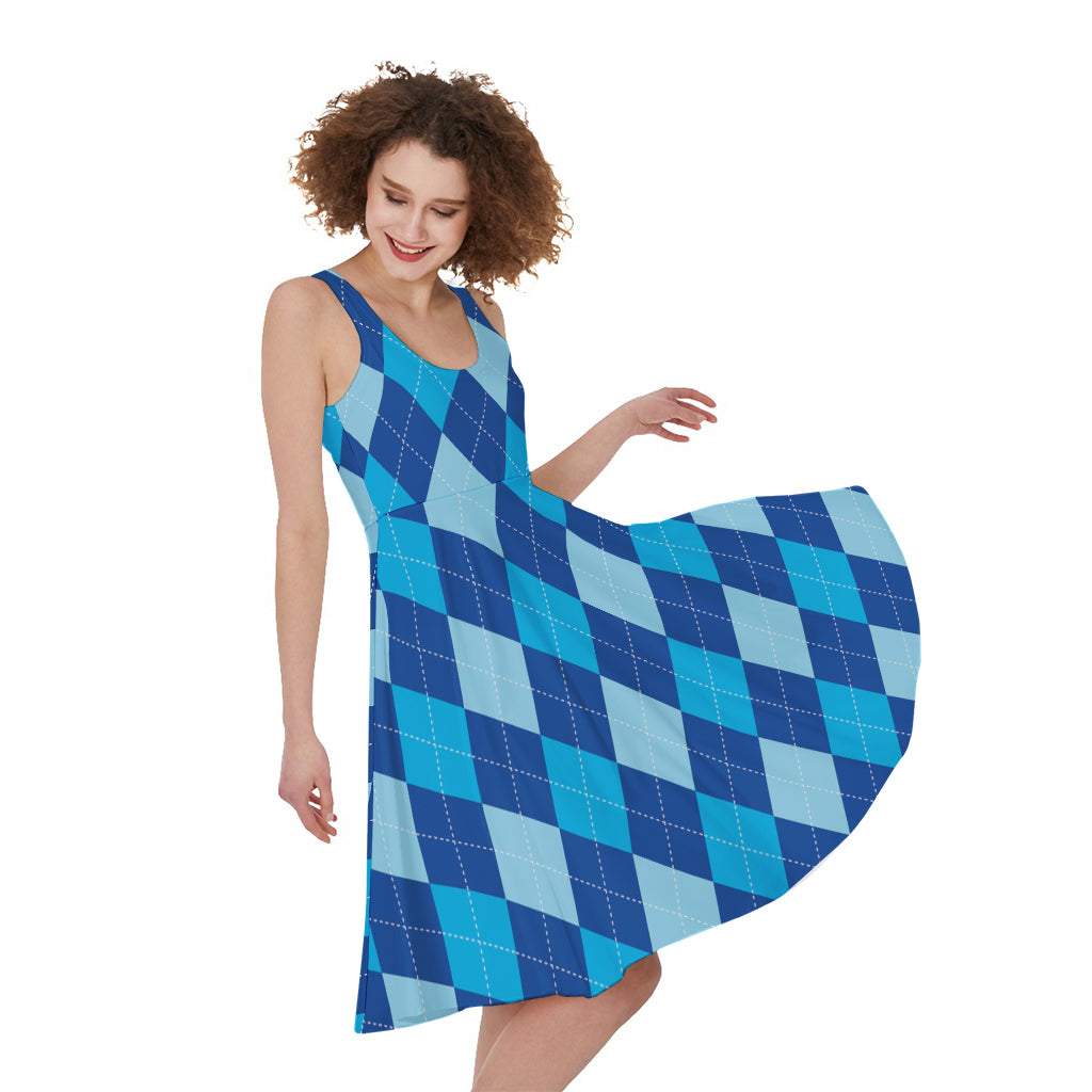 Classic Blue Argyle Pattern Print Women's Sleeveless Dress