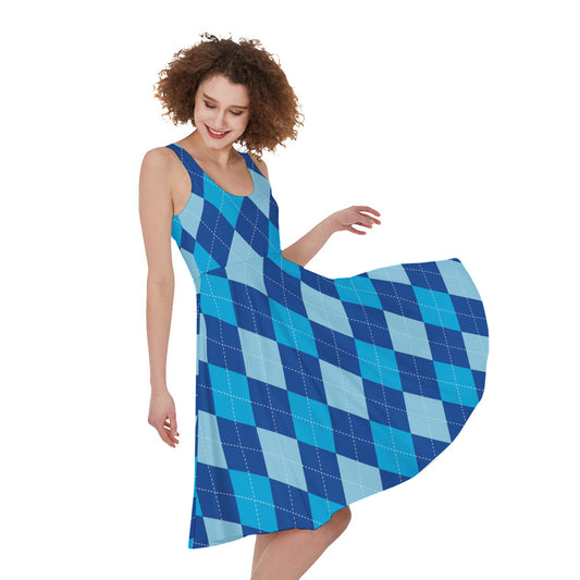 Classic Blue Argyle Pattern Print Women's Sleeveless Dress