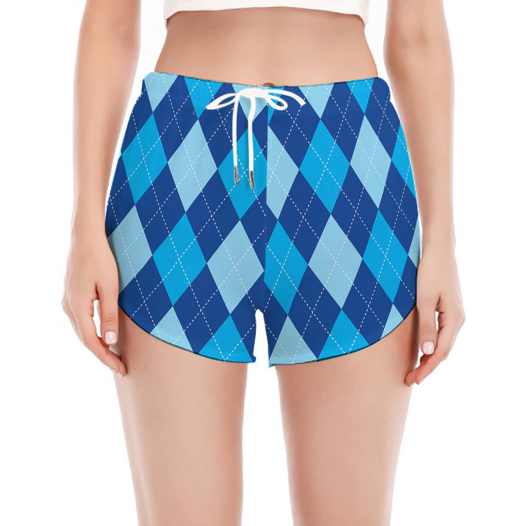 Classic Blue Argyle Pattern Print Women's Split Running Shorts