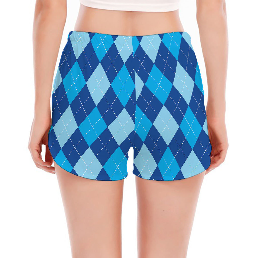 Classic Blue Argyle Pattern Print Women's Split Running Shorts