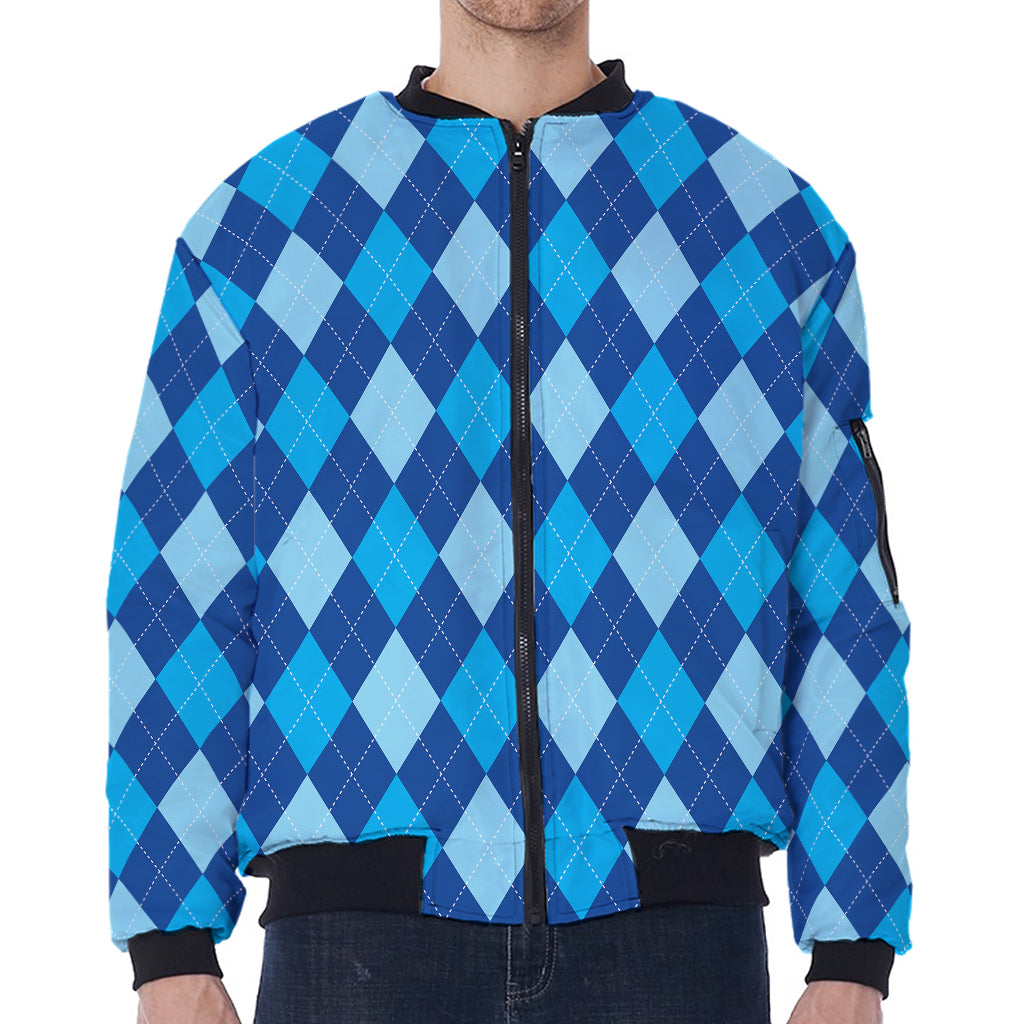 Classic Blue Argyle Pattern Print Zip Sleeve Bomber Jacket