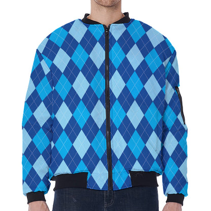 Classic Blue Argyle Pattern Print Zip Sleeve Bomber Jacket