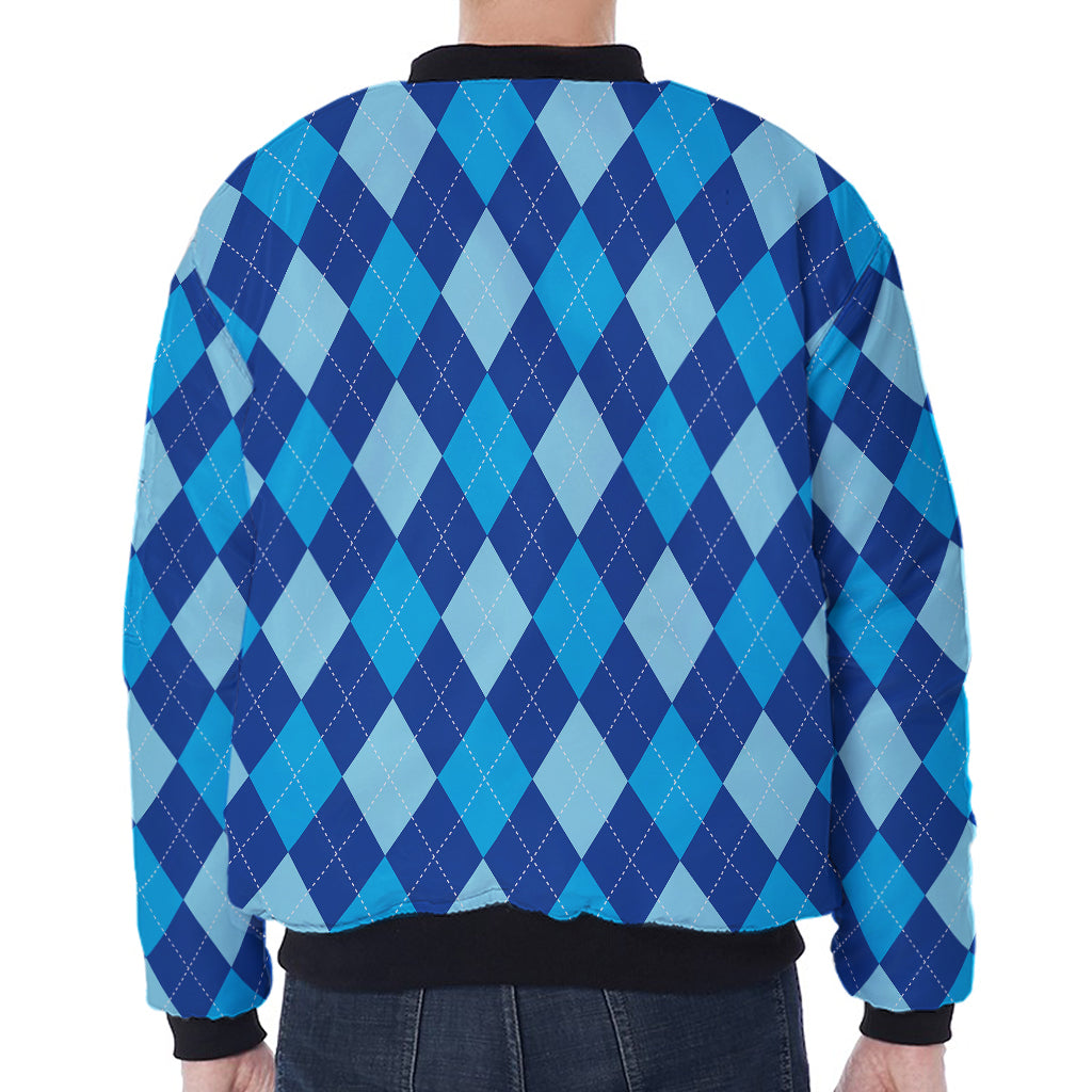 Classic Blue Argyle Pattern Print Zip Sleeve Bomber Jacket