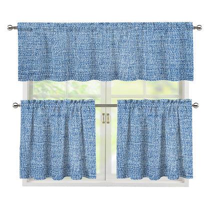 Classic Blue Denim Jeans Print 3 Piece Kitchen Curtains