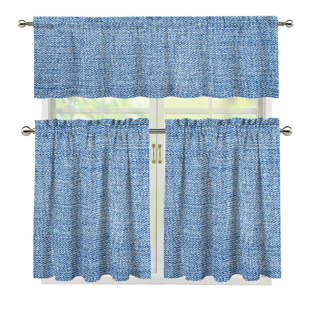 Classic Blue Denim Jeans Print 3 Piece Kitchen Curtains