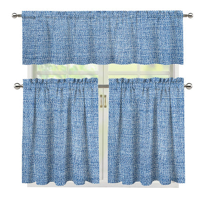 Classic Blue Denim Jeans Print 3 Piece Kitchen Curtains