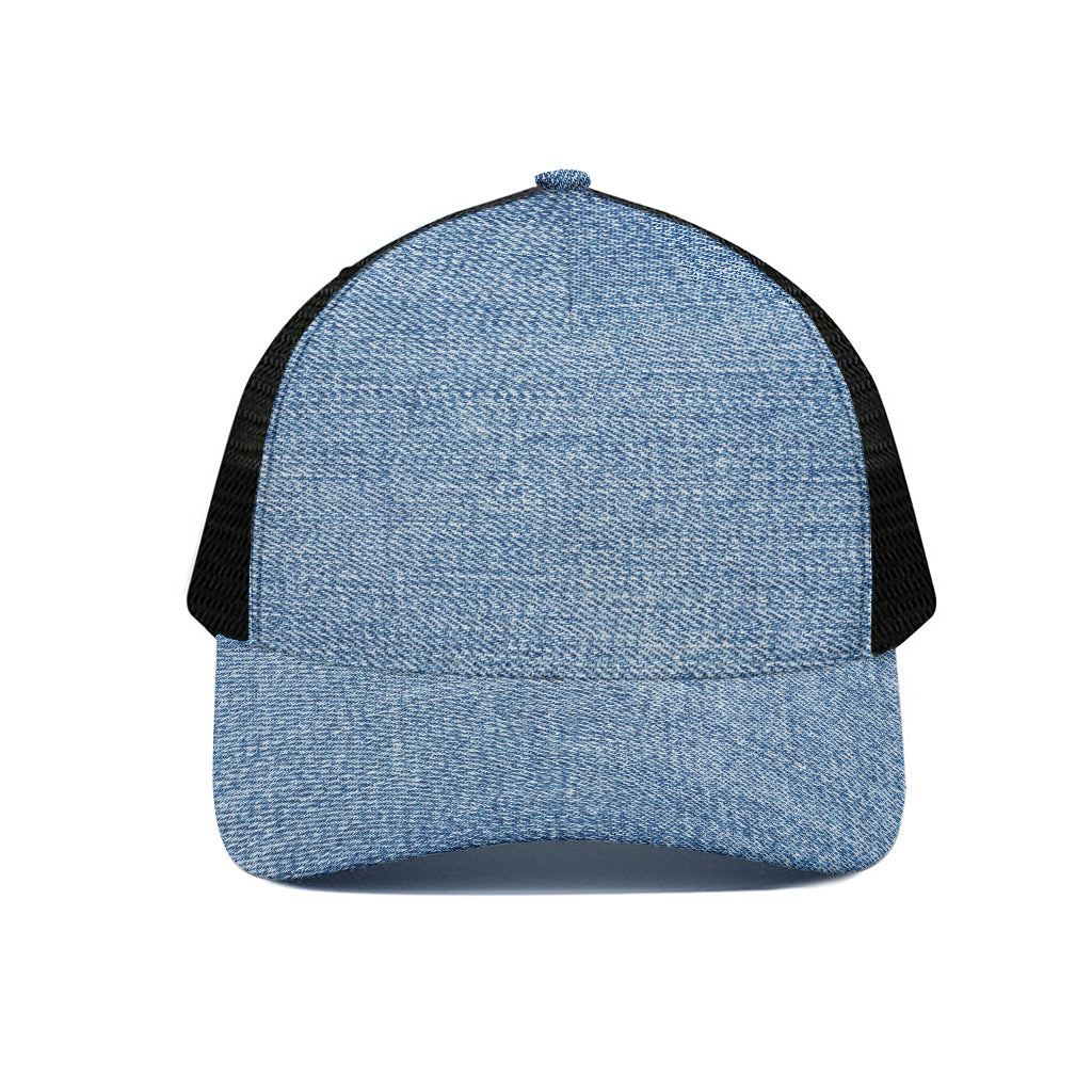 Classic Blue Denim Jeans Print Black Mesh Trucker Cap