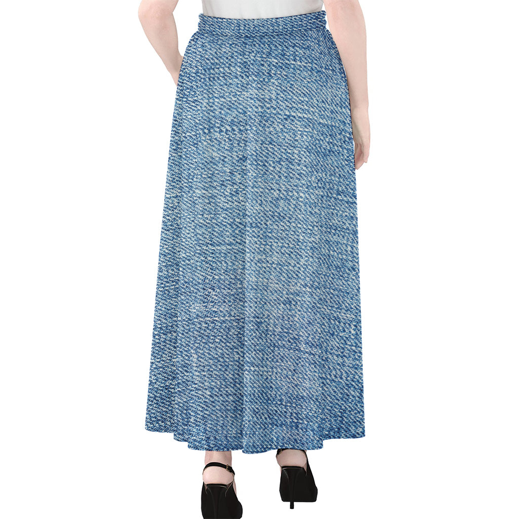 Classic Blue Denim Jeans Print Chiffon Maxi Skirt