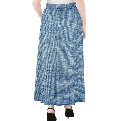 Classic Blue Denim Jeans Print Chiffon Maxi Skirt