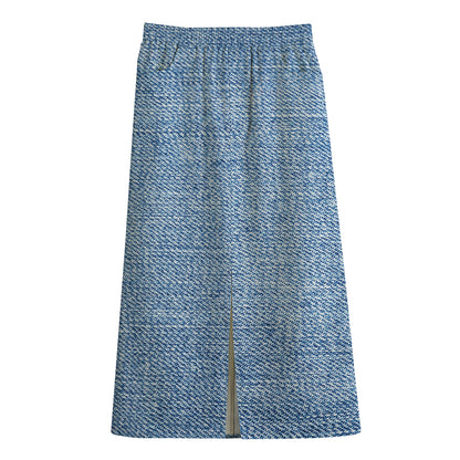 Classic Blue Denim Jeans Print Cotton Front Slit Maxi Skirt