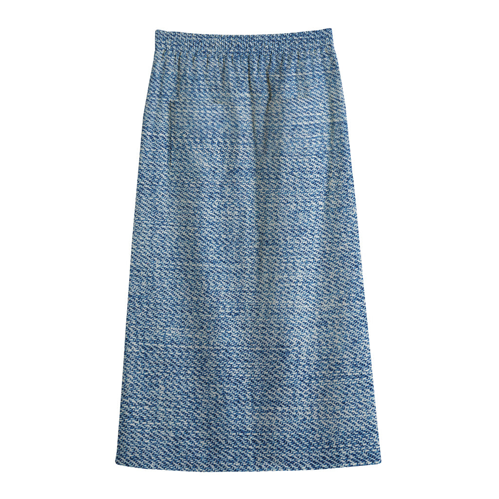 Classic Blue Denim Jeans Print Cotton Front Slit Maxi Skirt