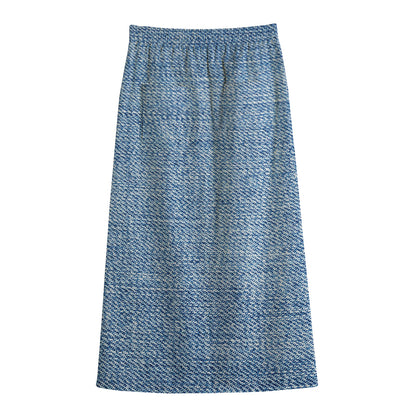 Classic Blue Denim Jeans Print Cotton Front Slit Maxi Skirt