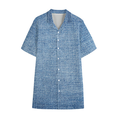 Classic Blue Denim Jeans Print Cotton Hawaiian Shirt
