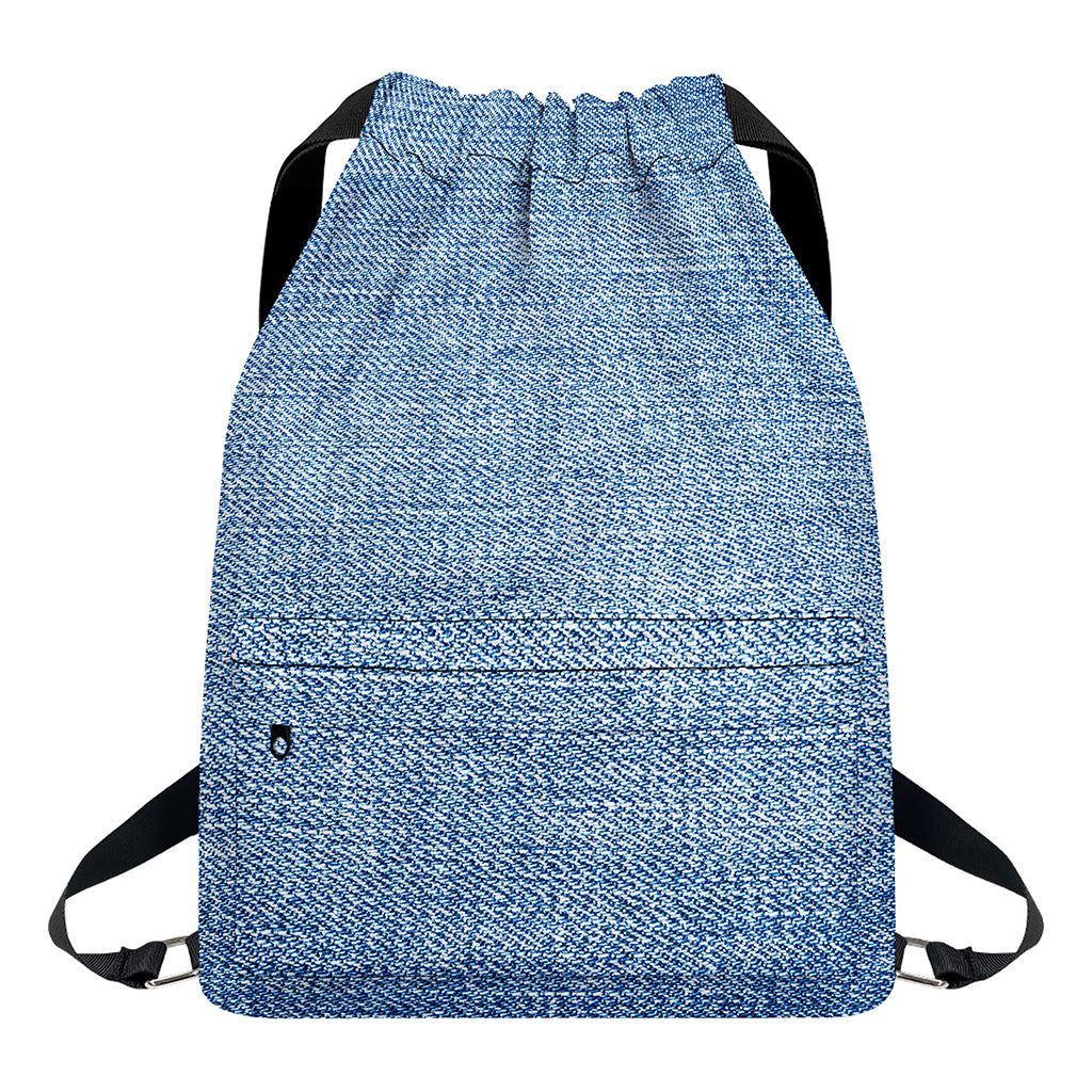 Classic Blue Denim Jeans Print Drawstring Backpack