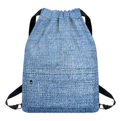 Classic Blue Denim Jeans Print Drawstring Backpack