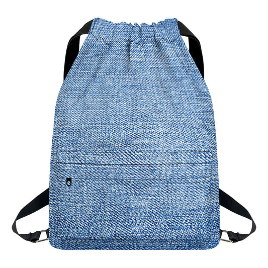 Classic Blue Denim Jeans Print Drawstring Backpack
