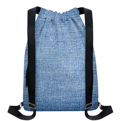Classic Blue Denim Jeans Print Drawstring Backpack
