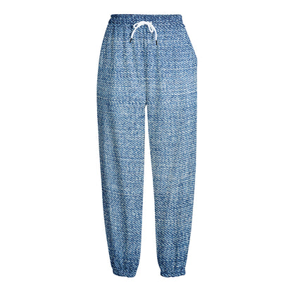 Classic Blue Denim Jeans Print Fleece Lined Knit Pants