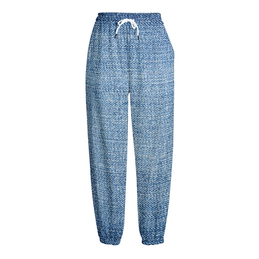 Classic Blue Denim Jeans Print Fleece Lined Knit Pants
