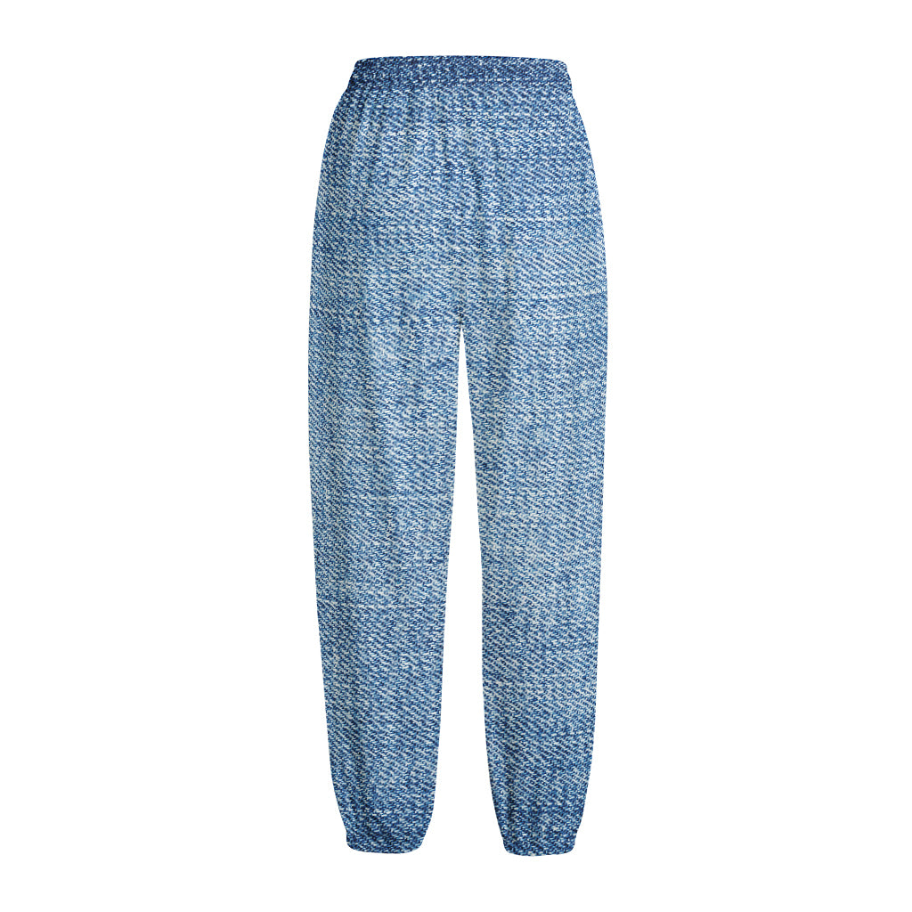 Classic Blue Denim Jeans Print Fleece Lined Knit Pants